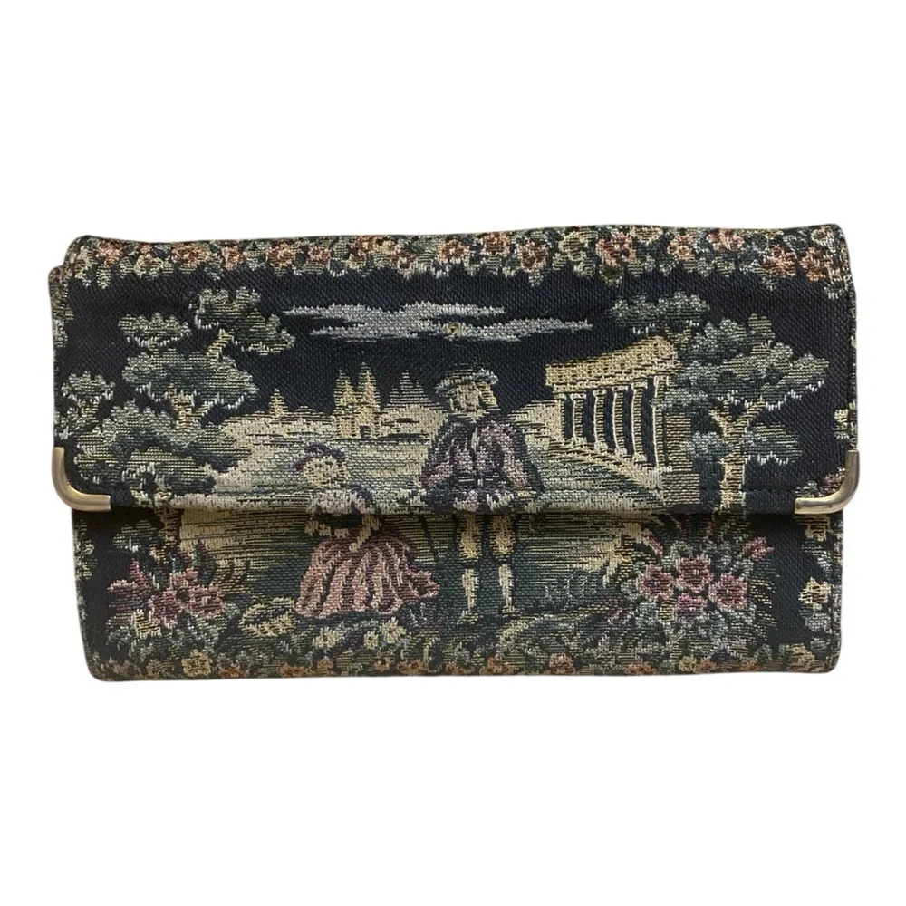 Vintage Tapestry English Countryside Print Kiss Lock Wallet Cottage Black